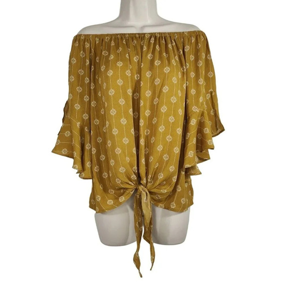 Wishlist Apparel Floral Tie Front Top Off The Shoulder Women Size M/L Brown? - Picture 4 of 8